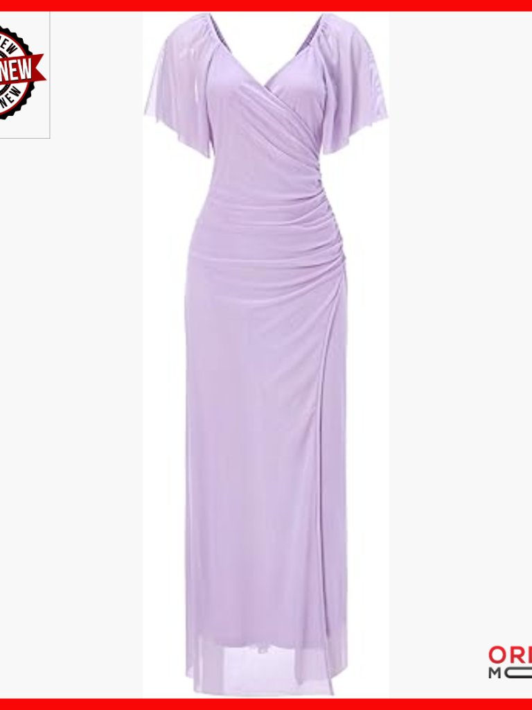 Wrap Maxi Dress Ruched Sleeve High Slit Formal Evening Party Wedding Guest